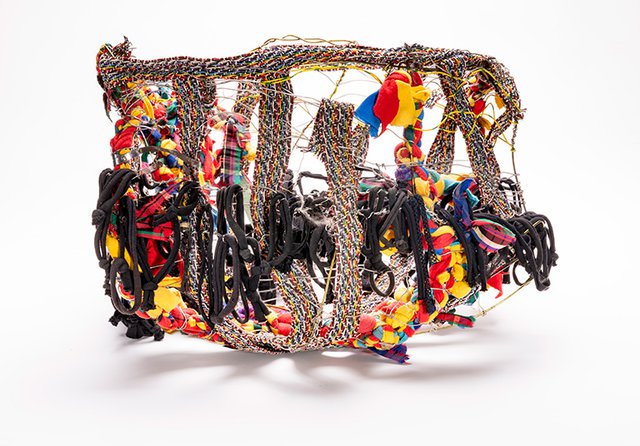 Marita Dingus (American, born 1956), “Fabric Basket,” 2003, fabric, metal, 18 x 20 x 20 in., courtesy the artist and Traver Gallery, Seattle.